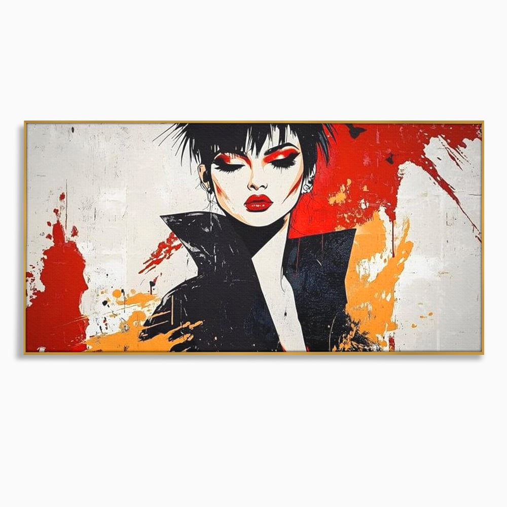 Tablou canvas cu ilustratie digitala cu portret de femeie in stil punk, in rama de aluminiu auriu